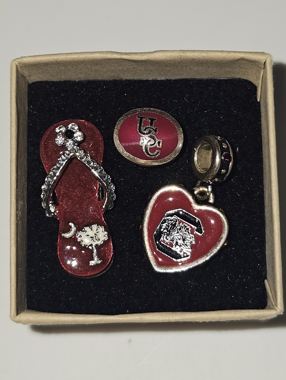 USC Charm Set - Red Gamecock Flip-Flop, Oval & Heart Charms